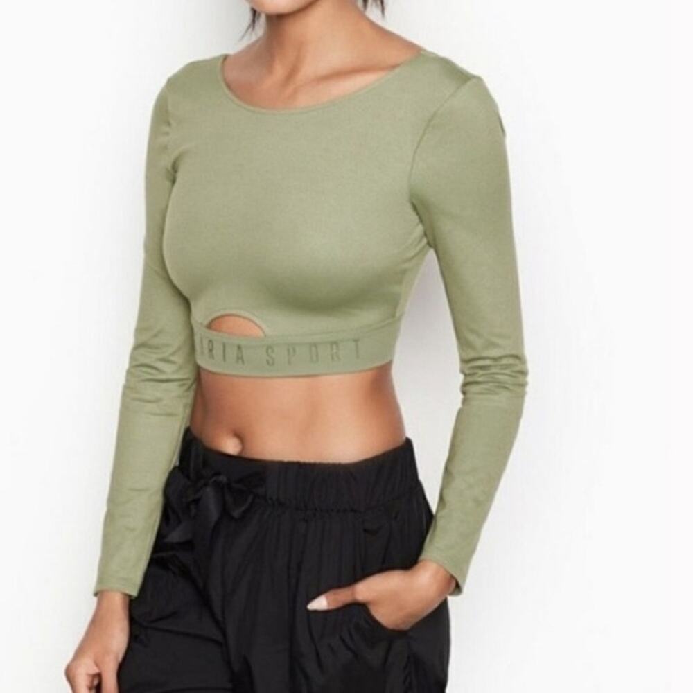 Victoria’s Secret Victoria Sport M Olive Green Long Sleeve Crop Top Cutout